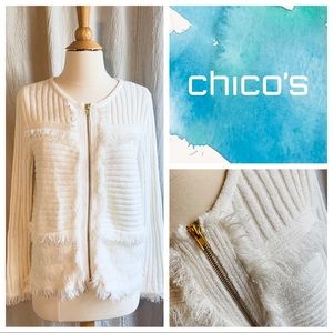 Chico’s White Zip Eyelash Sweater Jacket Size 1
